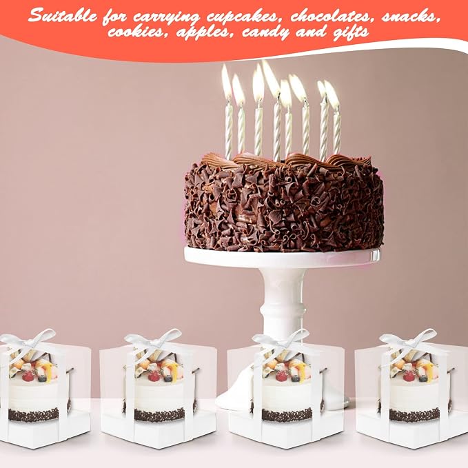 12 PCS Clear Cupcake Boxes 3.5 Inch Cupcake Containers (White) | Disposable Cupcake Carrier Plastic Individual Cupcake Storage Holder with Ribbons and Inserts for Wedding, Birthday Party