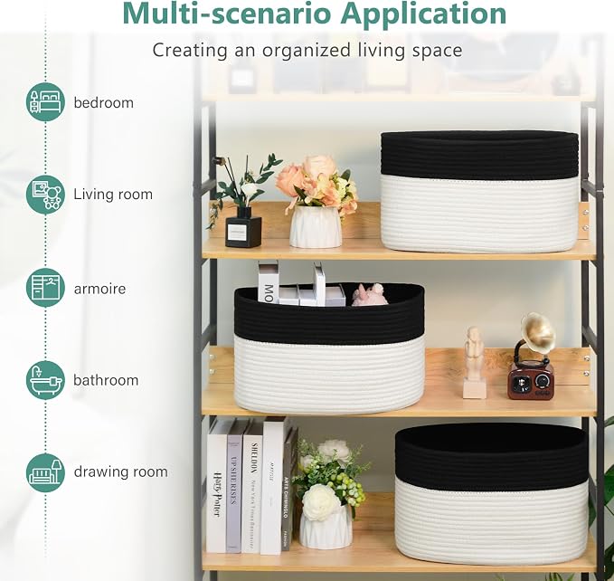 ECDYQXVU Cotton Rope Storage Basket, 15x10x9 Inches, Woven Basket for Shelves, Clothes, Towels, Books, and Laundry, Black/ White (1 Pack)