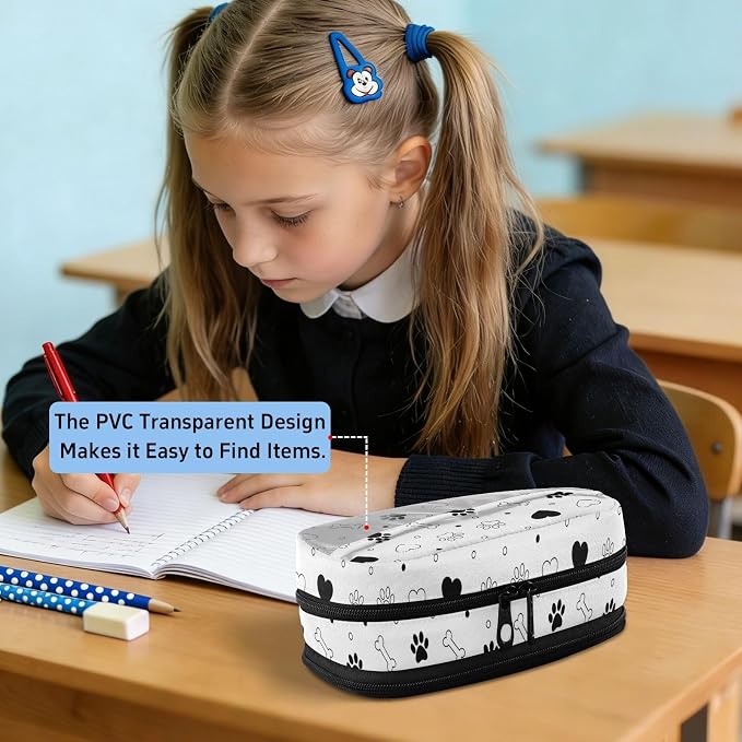 Pet Valentines Paw White print Large Capacity Pencil Case with Zipper Water Resistant Portable Organizer Pen Bag for Students Office School