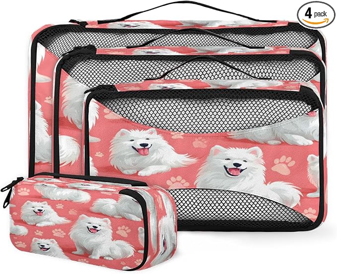 Dogs 4 Set Travel Packing Cubes for Accessories, Suitcase Organizers Luggage Bags Set with Double Zippers & Mesh Top