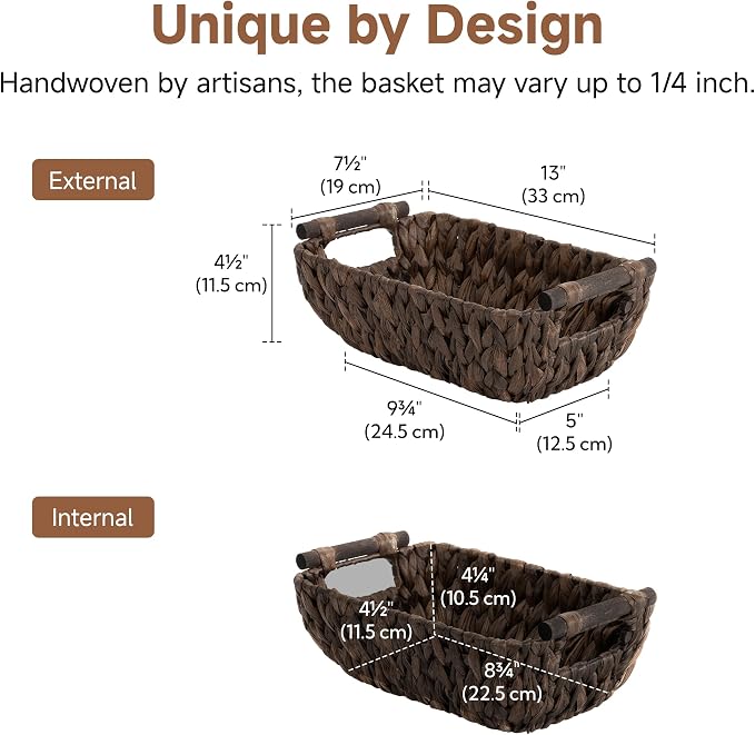 StorageWorks Small Wicker Baskets, Decor Storage Baskets, Water Hyacinth | Wicker Storage Baskets for Shelves, Baskets with Wooden Handles, 2-Pack Gifts Basket for Home Decor, Hand-Woven Basket