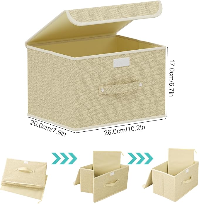 Storage Bins with Handles,Grey and Beige,10.2x7.9x6.7in,5 Pack | Storage Baskets with PP Board Support,Washable Wardrobe Organisers with Lids,Stackable Organization Bins for Socks,Ties,Scarf