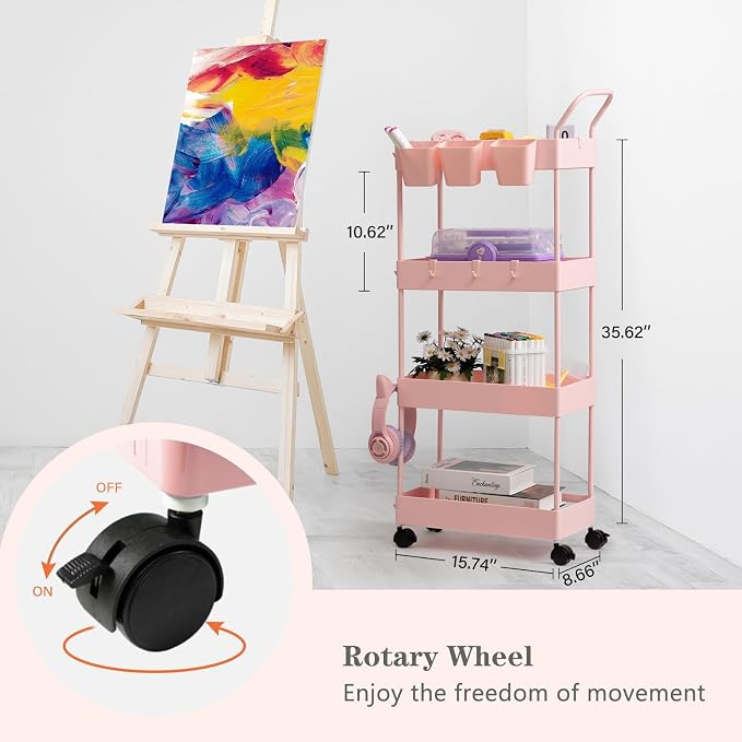 Danpinera 4-Tier Pink Slim Storage Cart, Narrow Laundry Cart with Wheels, Dividers, Hanging Cups, Hooks, Easy Assembly