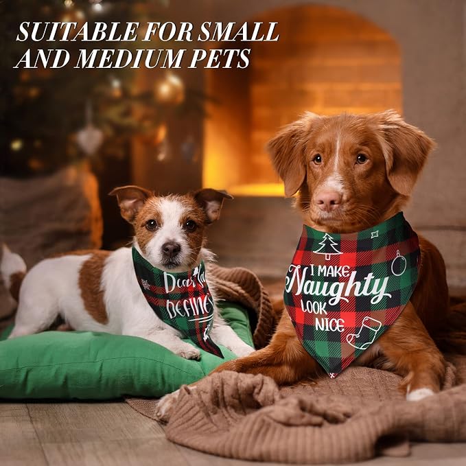 8 Pcs Christmas Dog Bandanas Buffalo Plaid Pet Scarf Bibs,Medium | Adjustable Triangle Bibs with Holiday Sayings, Reversible Red Black Green Plaid, Festive Costume Accessory for Pet Photos