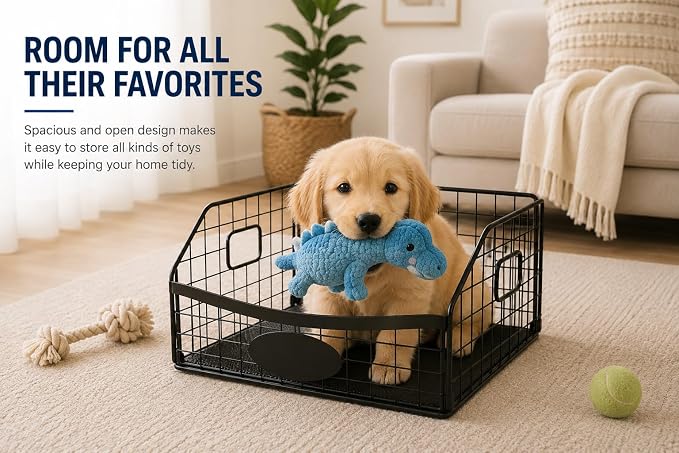 Metal Dog Toy Basket, Chew-Resistant Dog Toy Bin with Handles, Black | Sturdy Metal Storage with Easy-Access Design for Dogs, 16.7 x 10.9 x 8.8 in