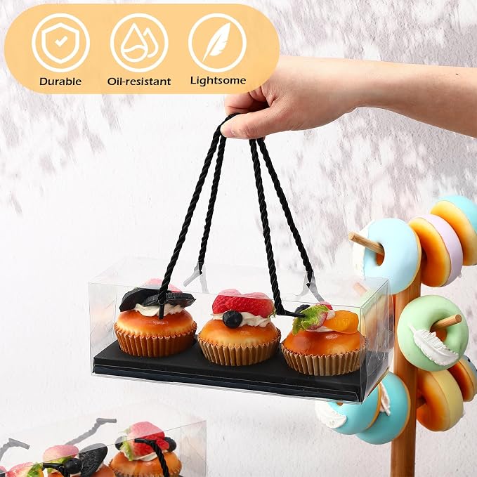 Thenshop 40 Pcs Clear Cupcake Boxes 9x3x3 in 3 Compartment Holder,Black | Transparent Holders with Handles, Individual Pastry Display for Wedding Graduation Party Favors Cookies Treats Gifts