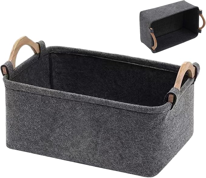 Dog Toy Bin Felt Cute Foldable Organizer with Wooden Handle | Pet Toy Basket for Kids Blankets Collars Leashes Indoor Outdoor Home Garage Dorm Traveling Laundry Room