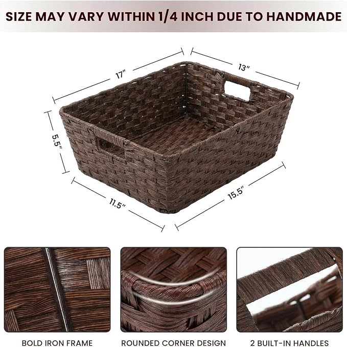 Large 2-Pack Plastic Wicker Storage Baskets, 17"x13"x5.5", Brown | onlytak Woven Baskets for Laundry, Closet, Living Room, Shelf Organization, Cat Bed