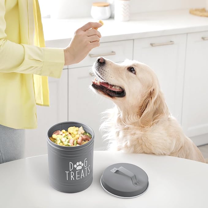 OUTNILI Small Dog Treat Container Airtight - 6" Tall X 4.9" Round Gray Dog Treat Jar for Kitchen Counter - Rustic Treat Storage Canister for Dogs, Cats, Small Animals - Gifts for Pet Owners