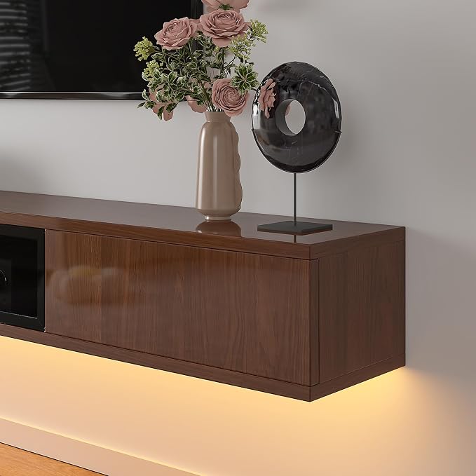 FurniNova 55" Floating TV Stand for 43 50 55 60 inch TV,Modern Plywood Wall Mounted Entertainment Center with Push-to-Open Doors, High Gloss Media Console,Small Space Floating Shelf,Walnut