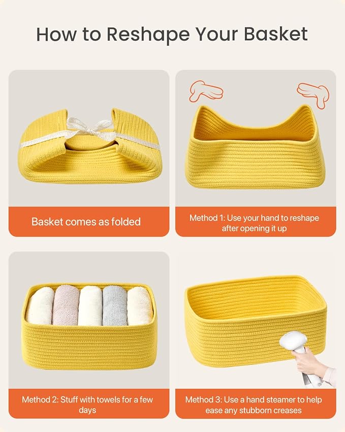 KALLAX Small Woven Storage Basket for Organizing, 13.5x9.5x5 inches, 3 Pack | Shelf baskets for closet organization, toy storage and home decor, Perfect as empty gift baskets for holidays, Yellow