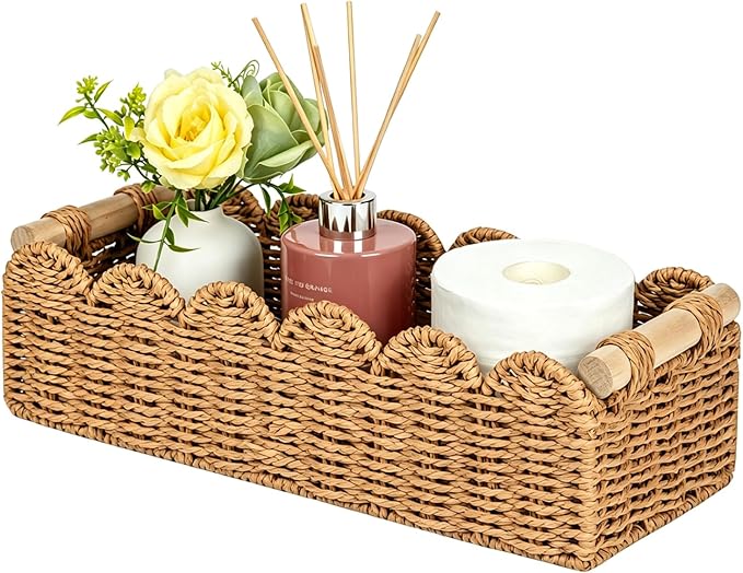 Paper Rope Scalloped Edge Storage Basket, Toilet Basket for Shelves Toilet Paper Storage Containers Baskets for Bathroom Decor-Upgraded