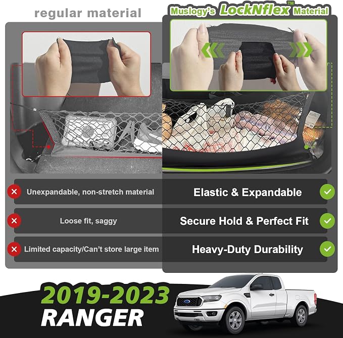 Muslogy Cargo Net for Ford Ranger 2019-2023 Accessories | Custom Fit, Truck Bed Storage Organizer Net for Pickup Truck Bed Divider, Heavy Duty Carabiners, Night Visible Grab Handle
