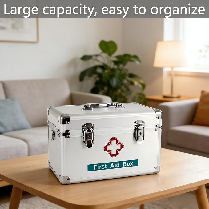 Metal First Aid Box Empty Aluminum Medicine Box Lock with Keys, 12.2 * 7.08 * 7.08” Medium Size Container with Handle, First Aid Kit Box Organizer, Silver