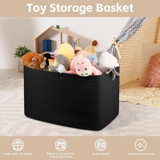 OIAHOMY 118L XXXLarge Rope Storage Basket, Oversized Blanket Basket Black | 25" x 17" x 16" Used for Organizing Dirty Clothes in Living Room, Bedroom, Nursery, Extra Large Basket,Dog Toy Storage Bins