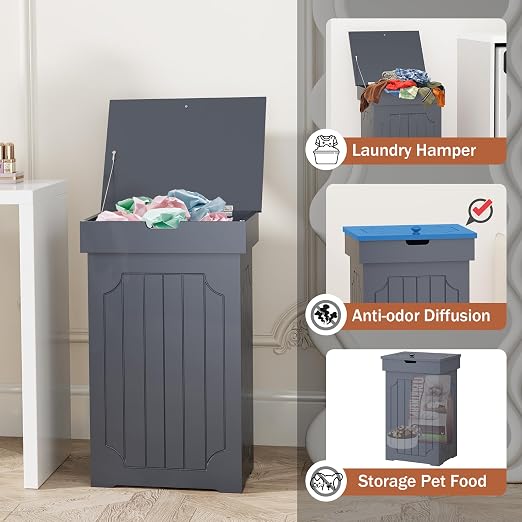 Function Home Trash Can Cabinet, 13 Gallon Kitchen Garbage Can, Wood Recycling Trash Bin, Freestanding Dog Proof Trash Can, Farmhouse Trash Cabinet with Lid for Home Kitchen Bathroom, Grey