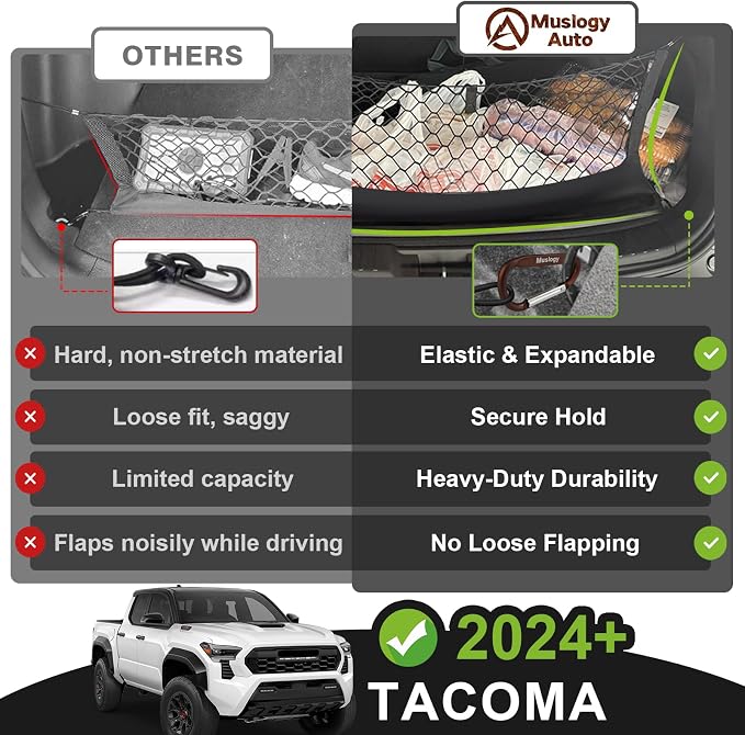 Muslogy Cargo Net for 2024 2025 2026 Toyota Tacoma | Custom Fit, Truck Bed Storage Organizer Net for Pickup Truck Bed Divider, Heavy Duty Carabiners, Night Visible Grab Handle