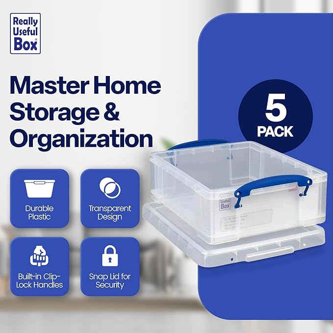 Really Useful Box Stackable 8.1L Plastic Storage Container, 5 Pack | Bin with Snap Lid & Built-In Clip Lock Handles for Home & Office Organization