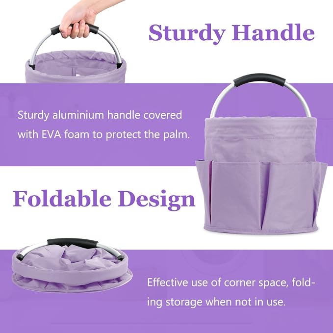 17L Purple Shower Caddy for Women, Foldable Cleaning Caddy with Handle and 6 Pockets, 600D Oxford Fabric Garden Tool Bag, Multifunctional Storage Basket for College, Dorm, Family, Purple