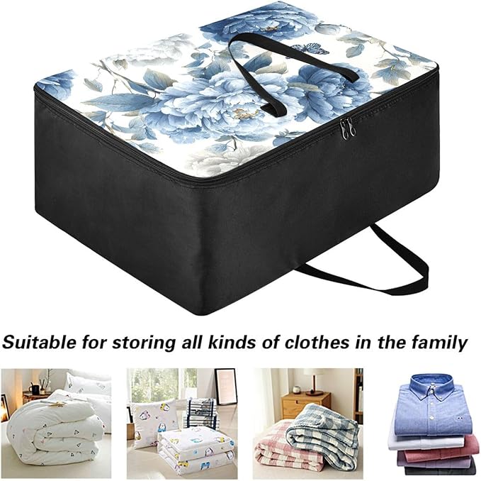 Comforter Storage Bags Large Folding Blanket Organizer Bag with Strong Handles Clear Window Closet Storage Containers for Clothes King Queen Pillows Bedding Quilt Duvet Butterfly Peony Flower B
