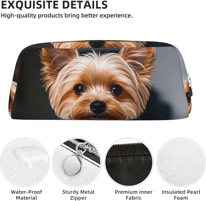 PU Leather Pencil Case Cosmetic Pencil Bags Makeup Pouch with Zipper | Cute Pet Yorkie Pen Pouch Portable Cosmetic Organizer Bag For Office Woman Man