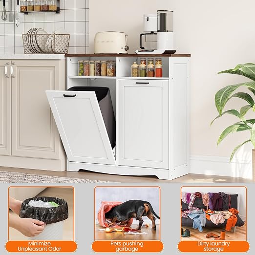 HOOBRO Double Tilt Out Trash Can Cabinet, 20 Gallon Kitchen Trash Bin Cabinet, Hidden Trash Storage with Open Compartments, Hidden Laundry Hamper, for Kitchen, Laundry, White and Walnut WH04LJ01