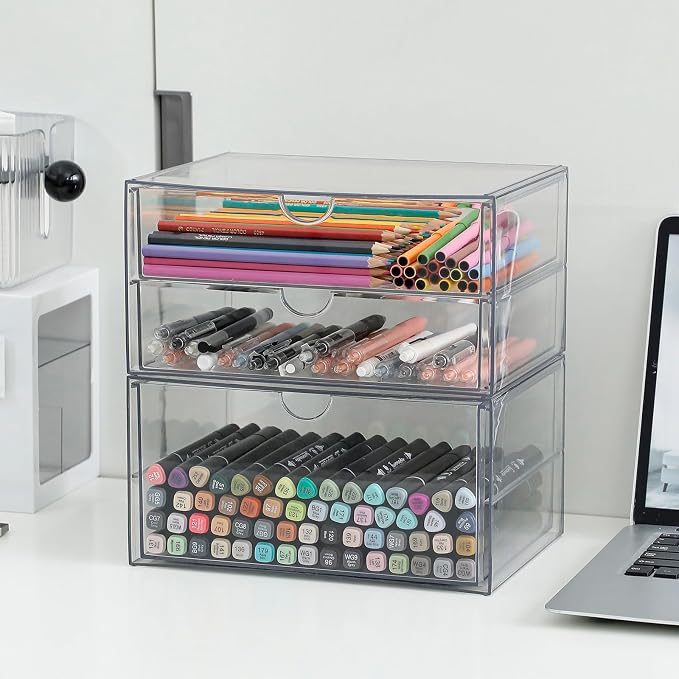 Clear Desk Drawer Organizer, 2 Pack, 3 Drawers | Stackable Desk Organizer and Accessories, For Home Office Supplies, Marker Pen, Art Crafts, Stationery, Coffee Pods