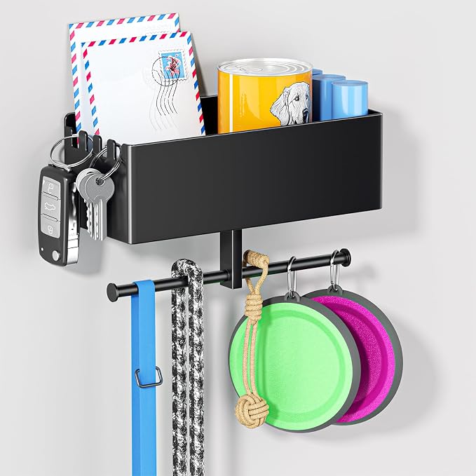 Dog Leash Holder for Wall, Dog Leash Hooks, Wall Mounted Leashes Hangers, Dog Storage Organizer, Key Holder with Storage Shelf, Pet Stuff Organizer for Pet Toys, Collar, Treats, Poop Bag (Black)