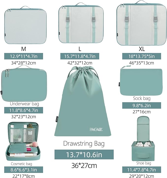 BAGAIL 8 Set Packing Cubes Luggage Packing Organizers for Travel Accessories-Dusty Blue