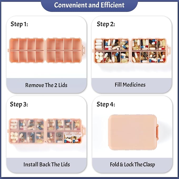 Foldable Weekly Pill Organizer 2 Times a Day with 2 Extra Compartments - Etched Labels - Portable 7 Day AM PM Medicine Box, Week Daily Travel Pill Case Holder Dispenser for Vitamin, Supplement - Pink
