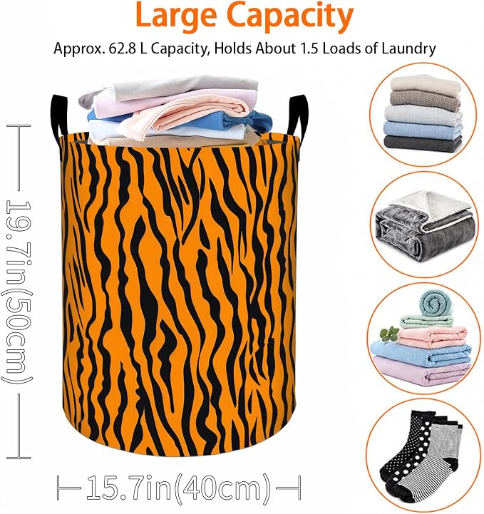 Tiger Print Laundry Basket, Orange Animal Stripe Oxford Cloth Dirty Clothes Collapsible Hamper for Room Decor, Minimalist Gifts, Toy Organizer 19.7 x 15.7 Inches for Bedroom Bathroom Dorm