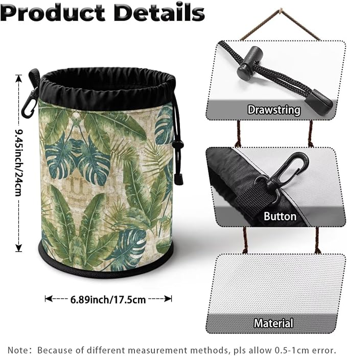 Tropical Leaf Clothespin Holder Bag, Drawstring Closure Laundry Accessory Organizer, Portable Peg Storage Pouch for Drying Rack, Perfect for Home, Camping & Travel