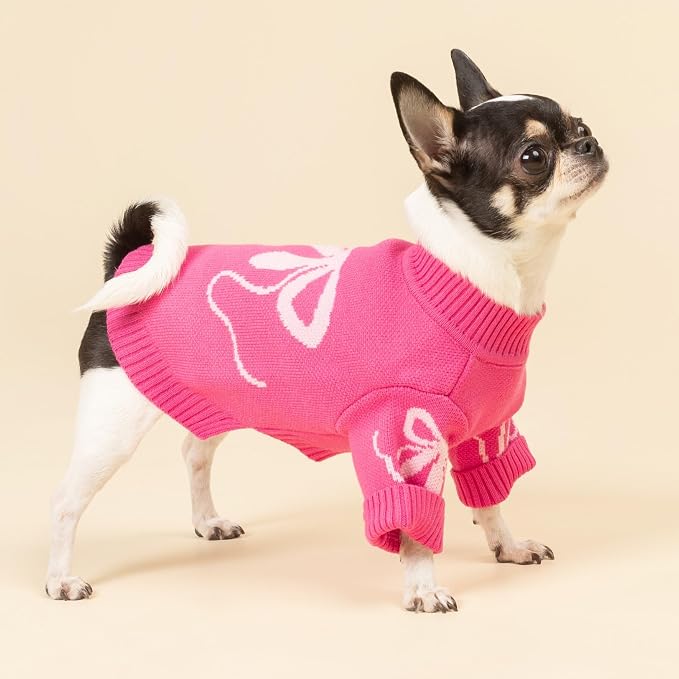 Fitwarm Bowknot Valentines Sweater, Thermal Winter Clothes for Small Dogs Girl, Charming Valentines Outfit, Puppy Chihuahua Jumper, Holiday Pet Apparel, Pink, Extra Small