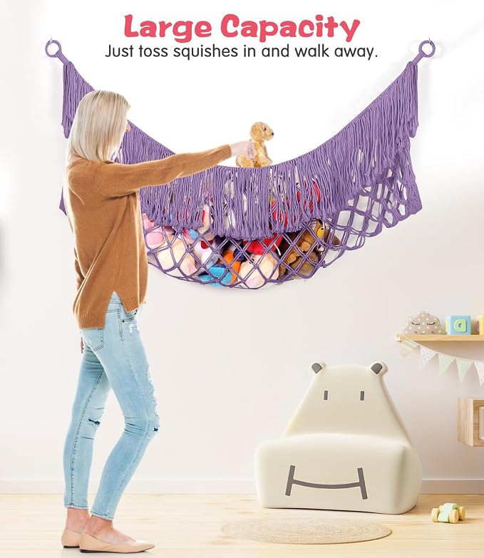 Stuffed Animal Hammock - Extra Large 63'' Long (Lavender) | Premium Cotton Hand-knitted, Beautiful Long Tassel, Storage Hanging Organizer, Can Fit Stuffed Animals 40 Piece or More