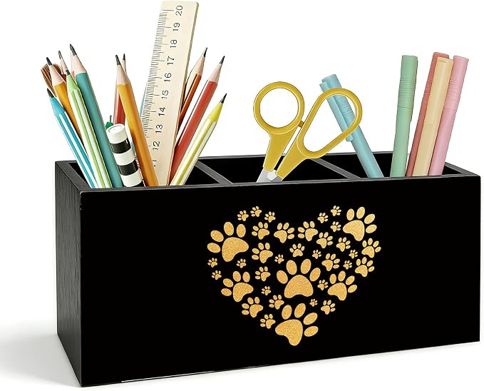 Pet Paw Print Pen Holder for Desk, Pet Lover Owner Gifts, Golden Animal Paw Print Heart Wooden Box Pencil Pen Holder Organizer for Home Office Desk Accessories