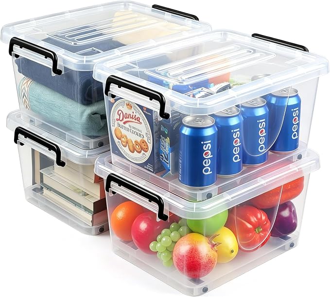 NUMIFUN 15QT Storage Bins with lids, Stackable Space Saver for Family | 4-pack BPA-free plastic boxes with secure latches. Deep recessed lids ensure safe stacking for closet & garage storage.