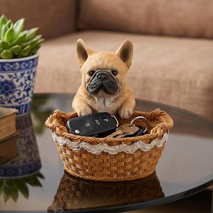 Cute French Bulldog Candy Bowl, Resin Dog Figurine Key Bowl for Entryway Table, Desktop Storage Basket Organizer for Desk, Unique Dog Lover Gift