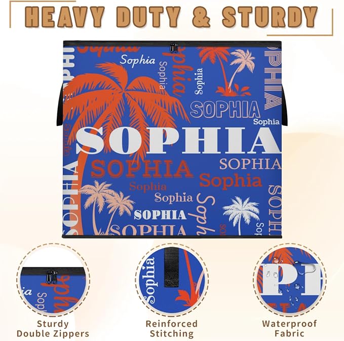Personalized Summer Palm Trees Storage Bags with Lid Large Blanket Clothes Organization Storage Containers for Comforters,Bedding, Foldable Organizer, Orange White Names Navy Blue Background