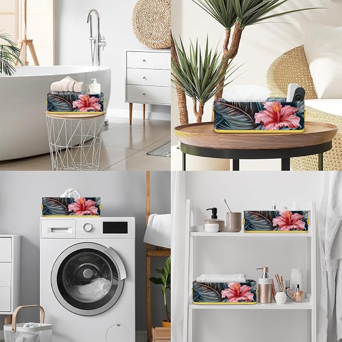 Beautiful Tropical Flowers Bathroom Storage Basket, Foldable with Handle Open Countertop Paper Towel Decorative Box, Toilet Tank Top Shelf Baskets for Home Closet Bedroom Living Room Office