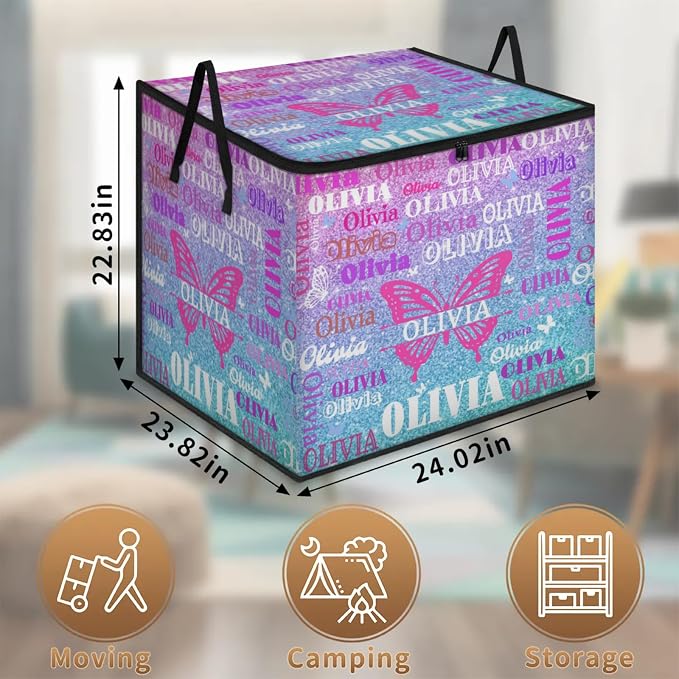 Custom Name Comforter Storage Bin with Lid, Personalized XL Butterfly Storage Basket with Handles Zippers Organizing Blankets, Bedding Closet Shelf Baskets, Pink Blue Glittery Sequins