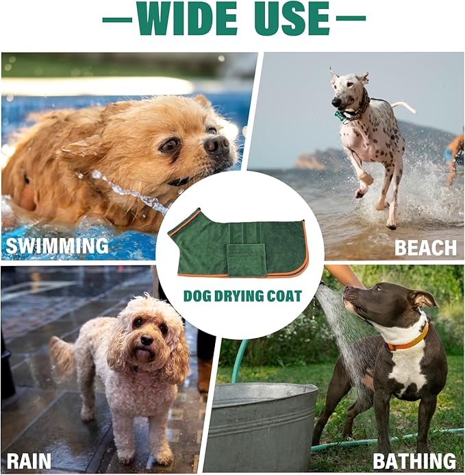 Dog Drying Coat - Fast Drying Dog Towel Robe - Microfiber Super Absorbent Pet Bathrobe, Adjustable Collar & Belly Strap Coat Pet Bath Robe Towel (XX-Large, Green)