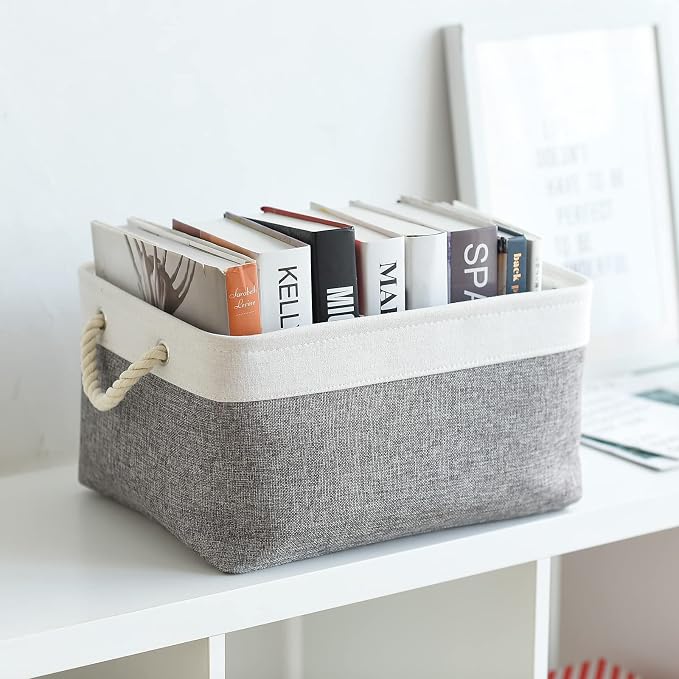 Organization and Storage Basket for Organizing- 16x12x8 inch 1 Pack Fabric Storage Cubes, Collapsible Storage Bins for Shelves Organizer Gift Closet Cloth Toy (White & Grey)