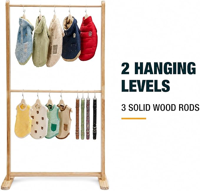 LOYALHEARTDY Wooden Pet Clothes Rack, 2-Tier Garment Display Stand | Three Hanging Rods, Lift-Out Middle Bar, T-Shaped Feet