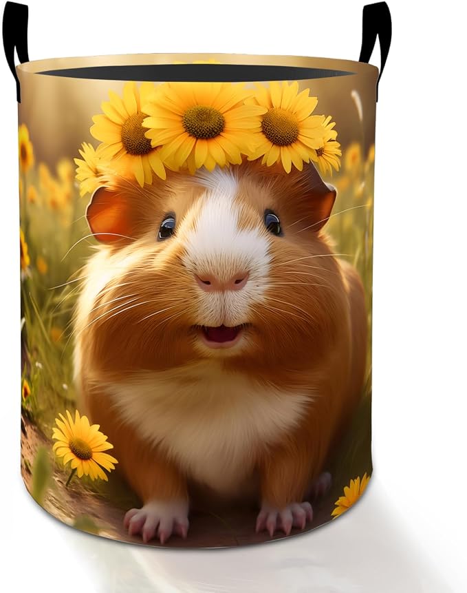 Sunflower Guinea Pig Laundry Basket Hamper for Boys Girls Kids Adults, Foldable Waterproof Oxford Clothes Storage Bin, Pet Organizer for Bedroom Bathroom Room Decor 19.7"x15.8"
