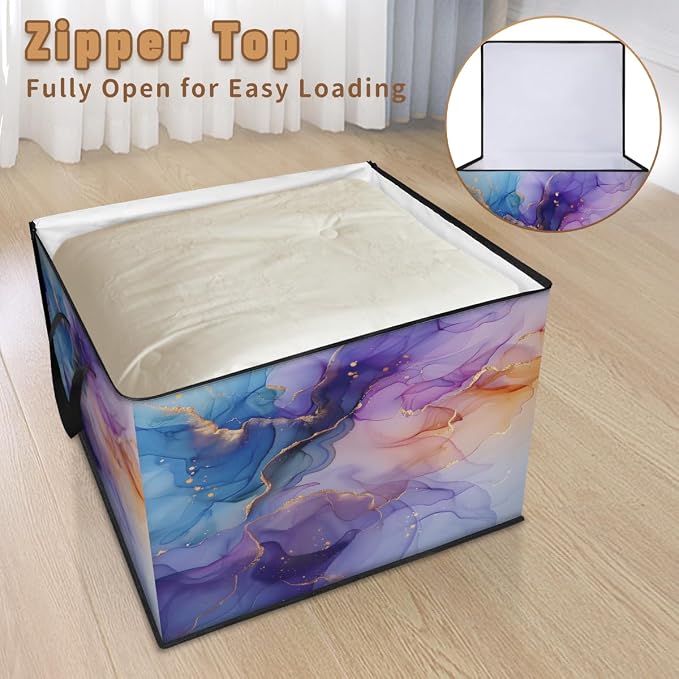 Purple Blue and Gold Marble Large Storage Bags, Fabric Bed Storage Containers, Foldable Closet Organizers for Blanket, Clothing, Comforter, Bedding, Abstract Modern