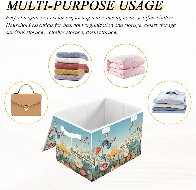 Colorful Flower Pattern Storage Bins with Lids and Carrying Handle,Foldable Storage Boxes Organizer Containers Baskets Cube with Cover for Home Bedroom Closet Office