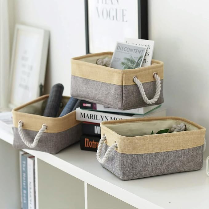 Storage Bins for Organizing,Sturdy Storage Basket, Decorative Foldable Storage Baskets for Shelves Closet Toy (Gold&Grey Medium - 3 Pack 13.8L×9.8W×6.7H inch)