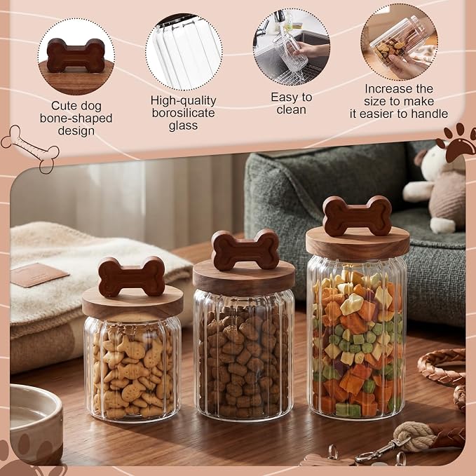 3 Pcs Glass Dog Treat Container, Dog Cookie Jar with Wooden Lid | 3 Sizes, Airtight Pet Treat Storage Container, for Kitchen Counter, Treats Canister, Doggie Cookie, Pets, Stripe Bone