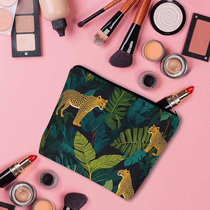 Leopard Cosmetic Travel Bag For Toiletries, Tropical Leaves Leopard Cheetah Makeup Bag Toiletry Bags For Women, Flax Cosmetic Bags Make Up Bag Purse Toiletries Bag Birthday Gift Yellow Green