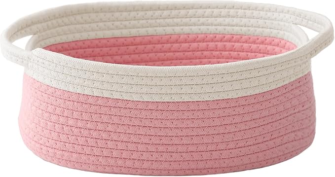 JMvicyroam Small Woven Basket, Empty Gift Basket, White&Pink/1 Pack | Small Gift Basket, Cotton Rope, 12 x 8 x 69 in, Handles, Includes Ribbon and Bag, Birthday Gift Basket